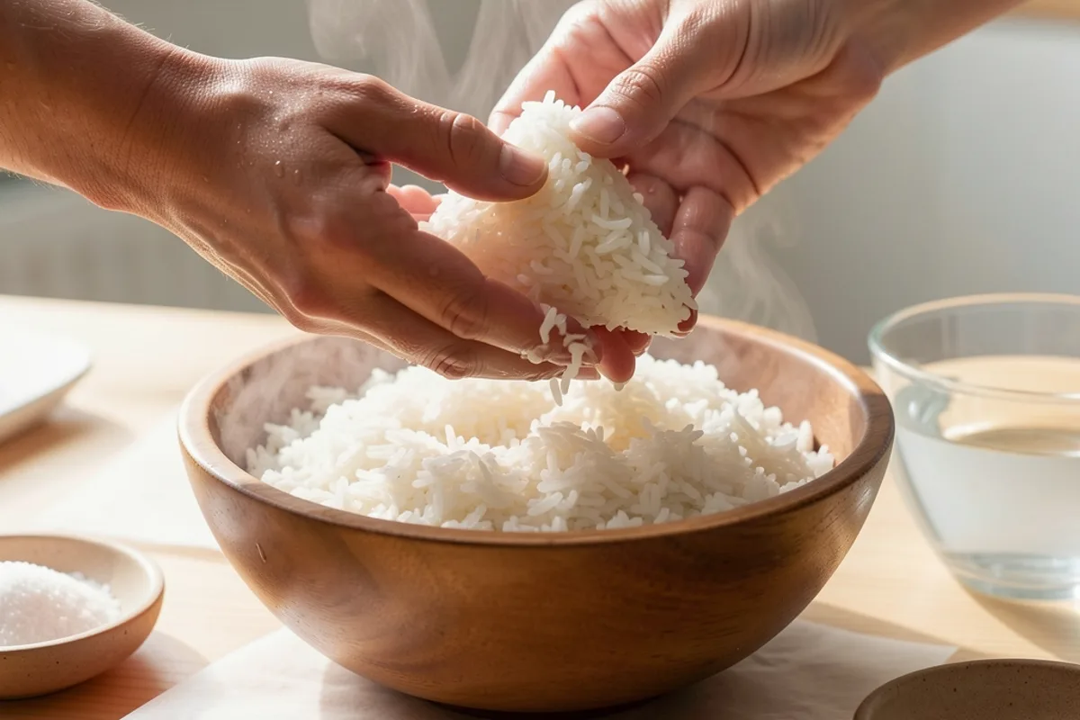 Mains humides pressant du riz blanc tiède en triangle au-dessus d’un bol en bois