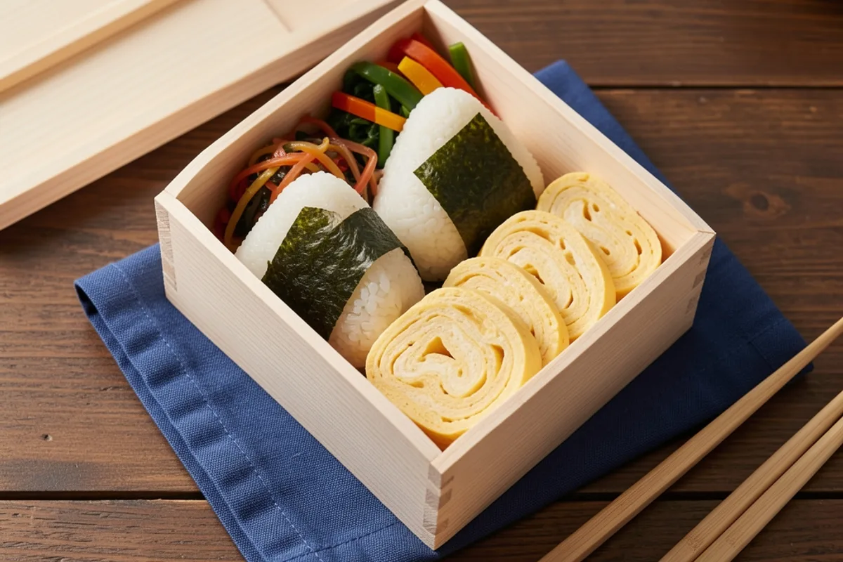Boîte à bento ouverte avec deux onigiri, légumes marinés et omelette roulée