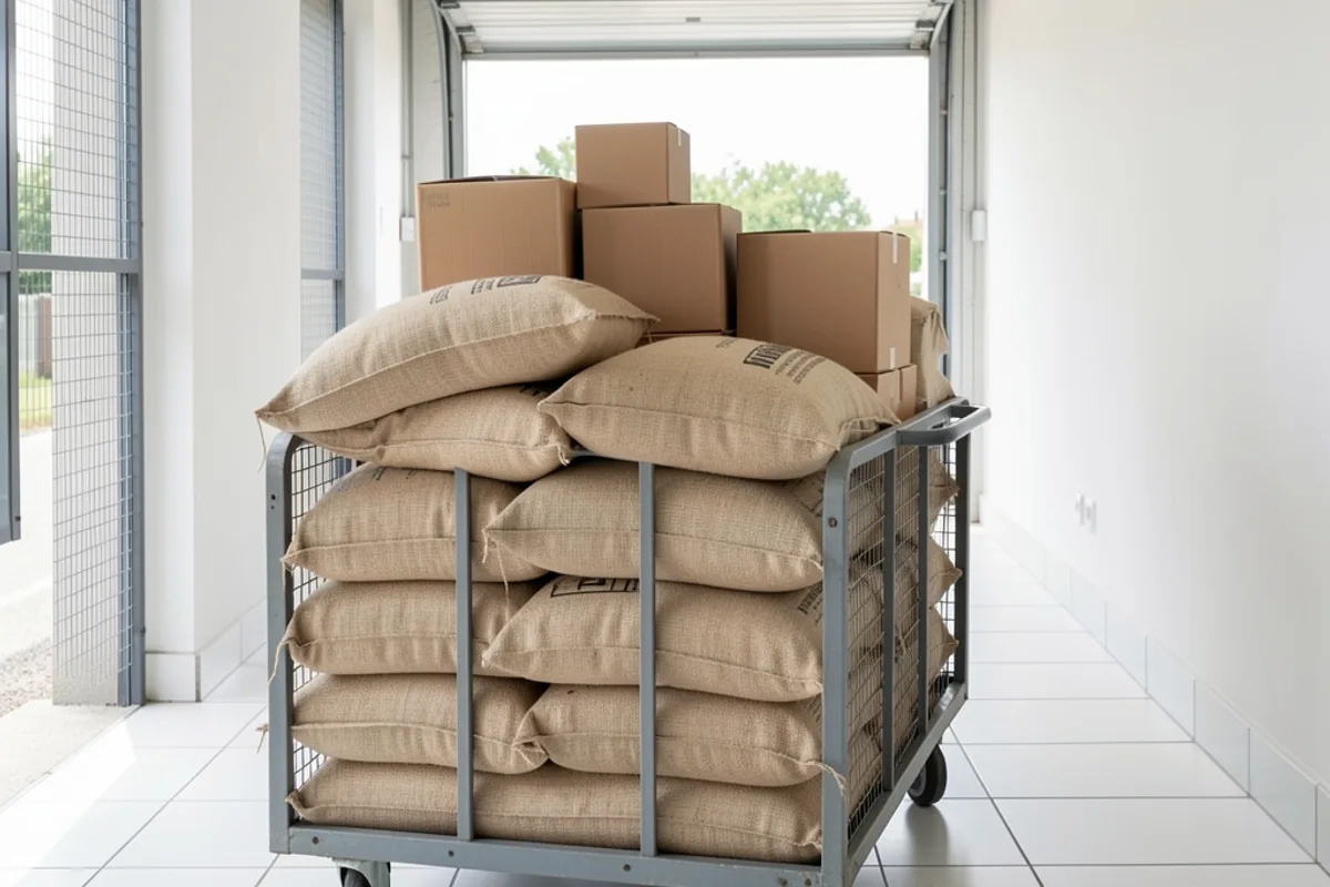 Roll de manutention grillagé chargé de sacs de riz et de cartons dans un couloir de livraison