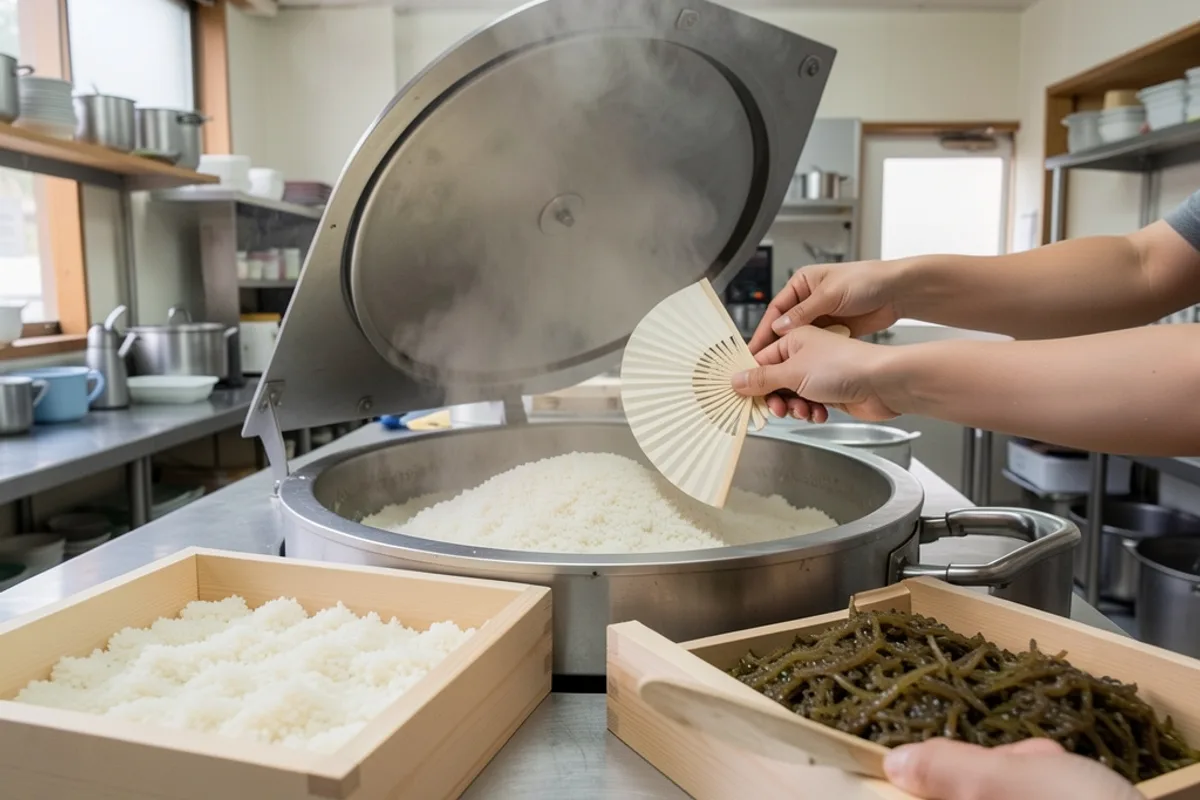 Arrière-cuisine japonaise avec un grand cuiseur de riz ouvert et des mains qui éventent le riz vinaigré