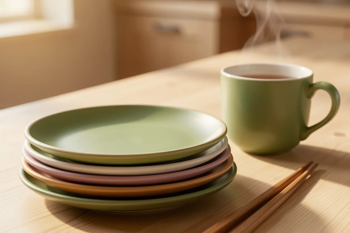 Pile d’assiettes vides de couleurs différentes avec une tasse de thé vert et des baguettes
