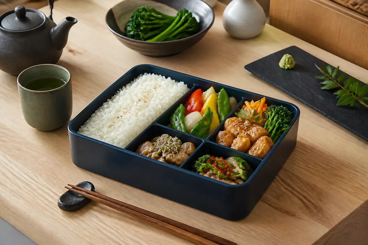 Boîte-repas japonaise compartimentée contenant riz, légumes colorés et morceaux de protéine