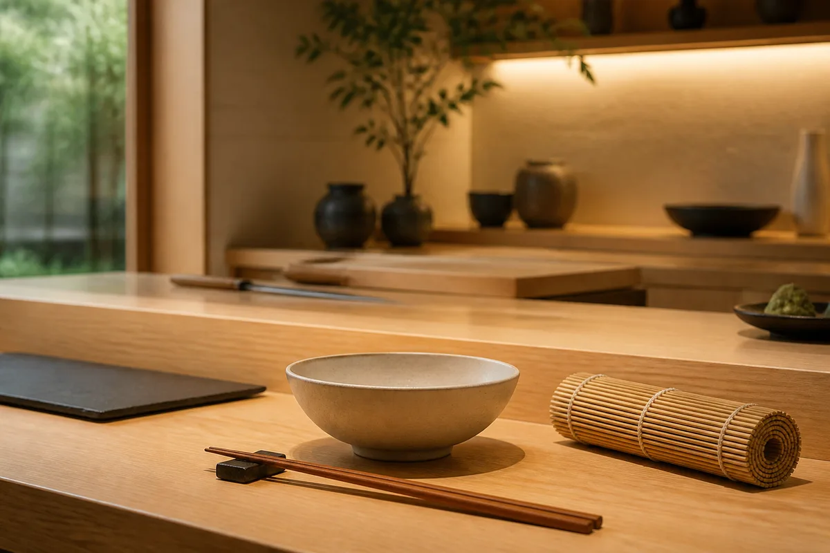 Comptoir de préparation japonais, riz vinaigré, planche de découpe et tranches de poisson cru