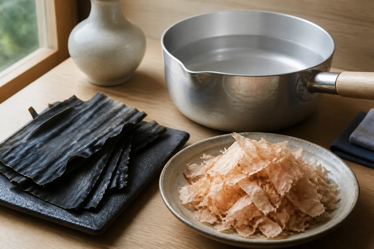 Algue kombu séchée et copeaux de bonite fine posés près d’une casserole d’eau claire