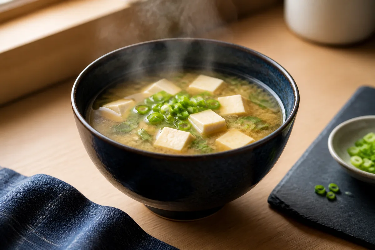 Bol de soupe de miso fumante avec cubes de tofu et ciboule ciselée