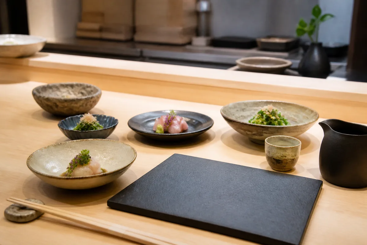 Table de restaurant japonais avec plusieurs petites assiettes et une ardoise de commande