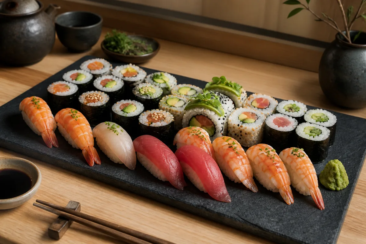 Assortiment de bouchées de riz et de rouleaux disposés sur un plateau sombre