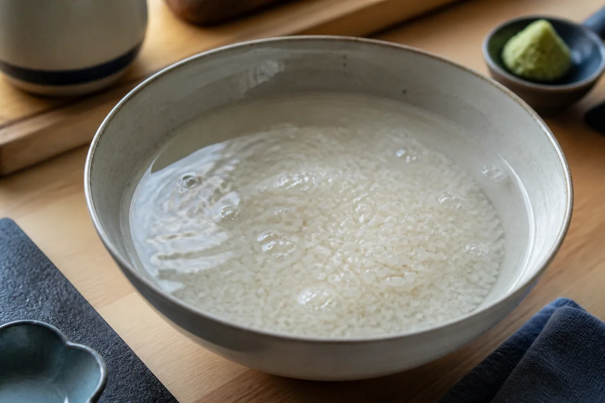 Grains de riz japonais blancs lavés dans un saladier d’eau claire