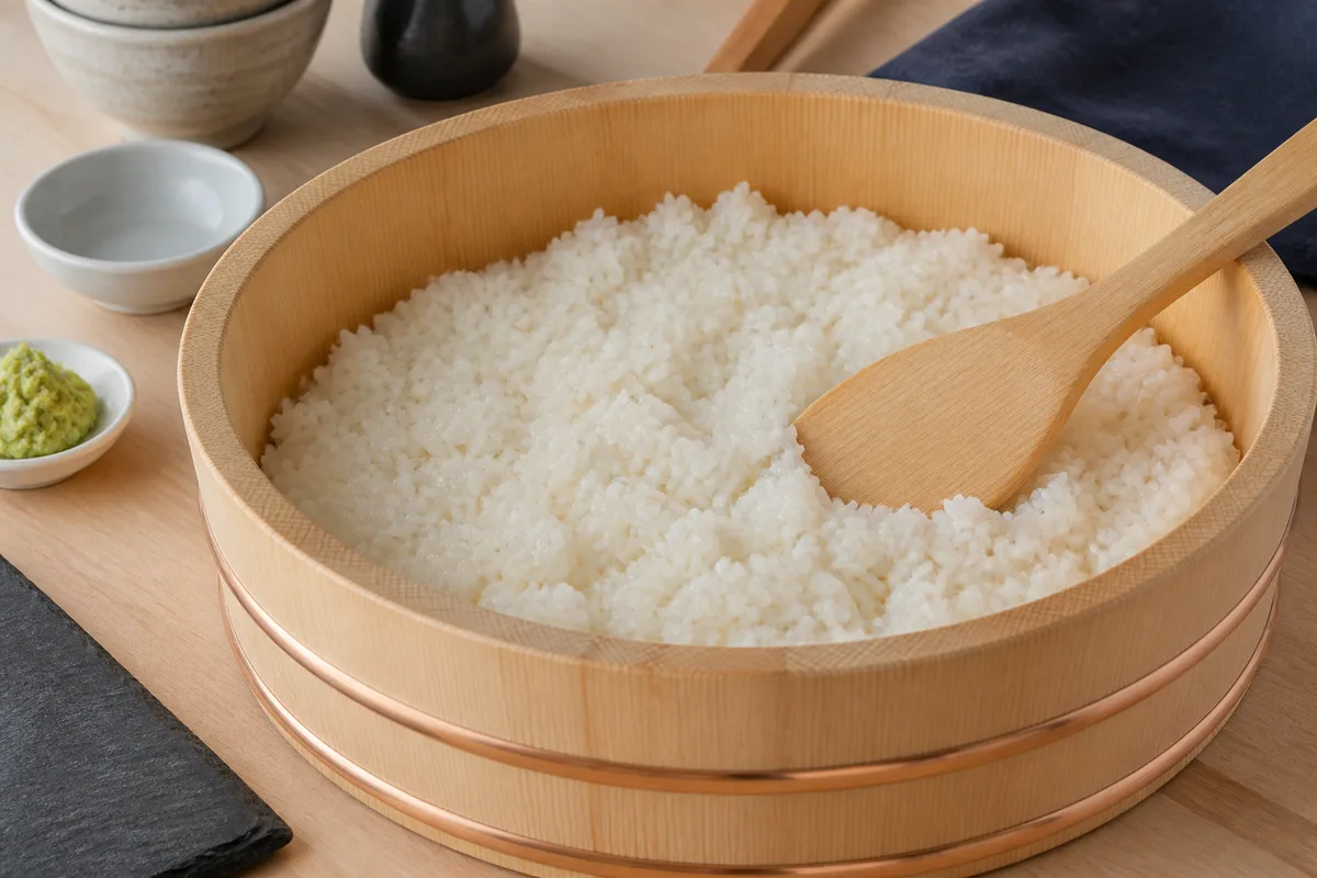 Riz vinaigré étalé dans un large récipient en bois avec une spatule plate