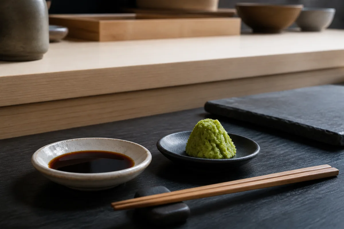 Coupelle de sauce soja, pâte de wasabi verte et baguettes posées sur une table sombre