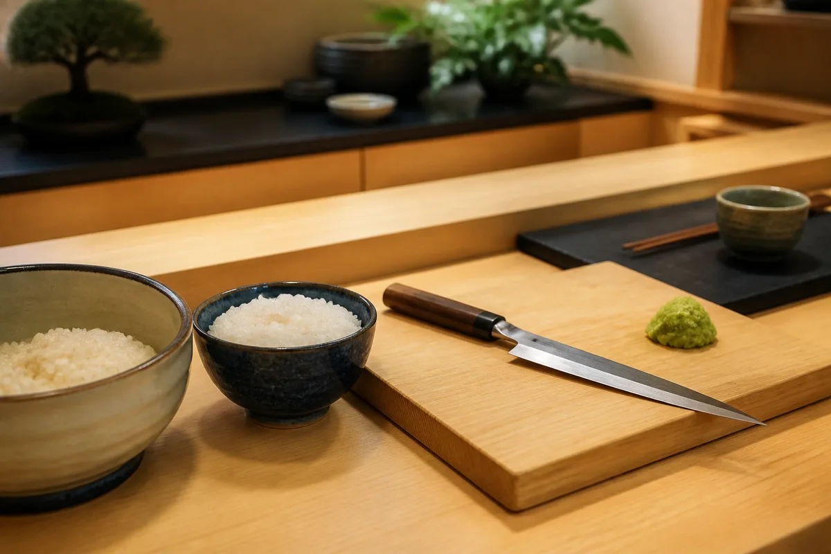 Comptoir de cuisine japonaise en bois clair avec riz, planche et couteau posés côte à côte