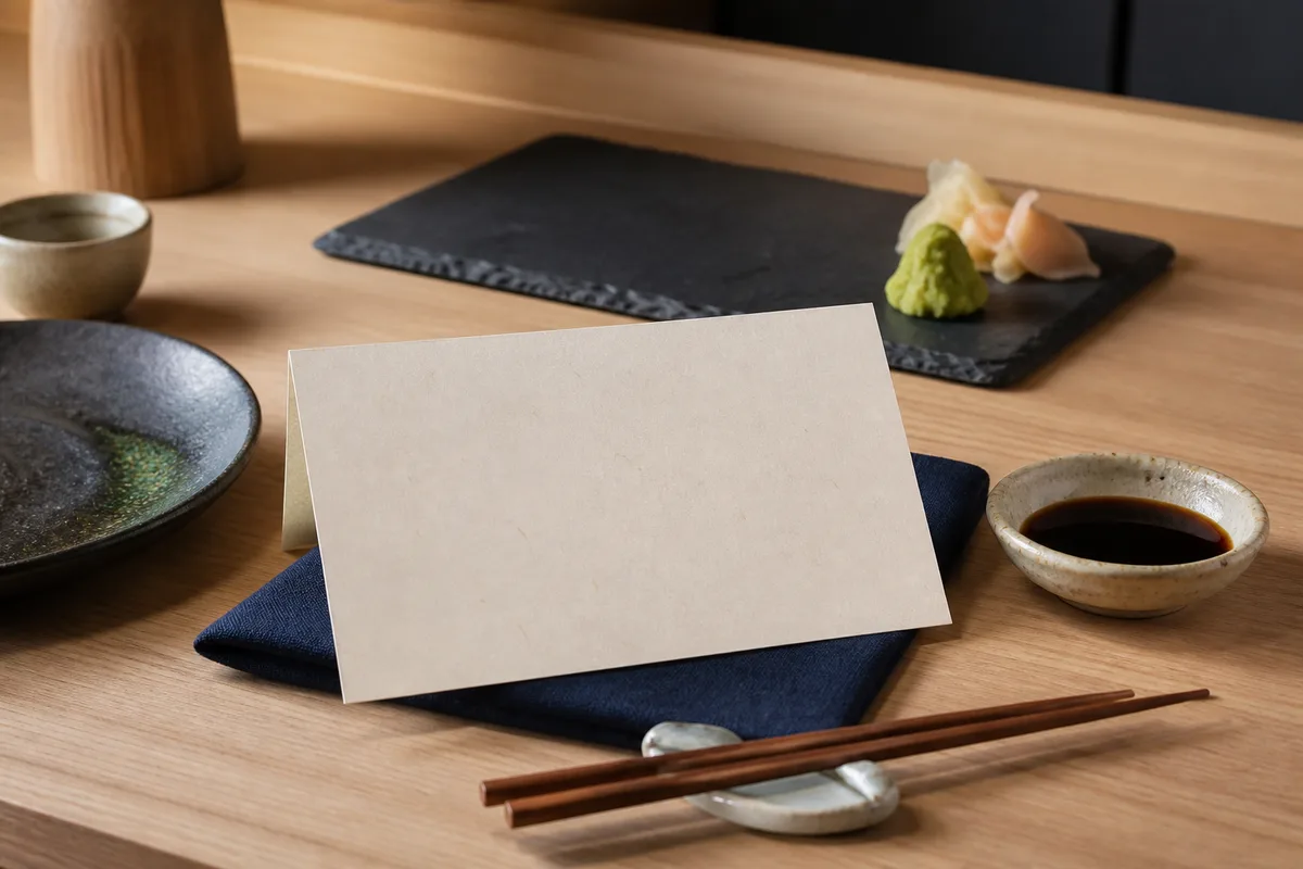 Carte de restaurant japonais posée sur une table avec baguettes et coupelle de sauce