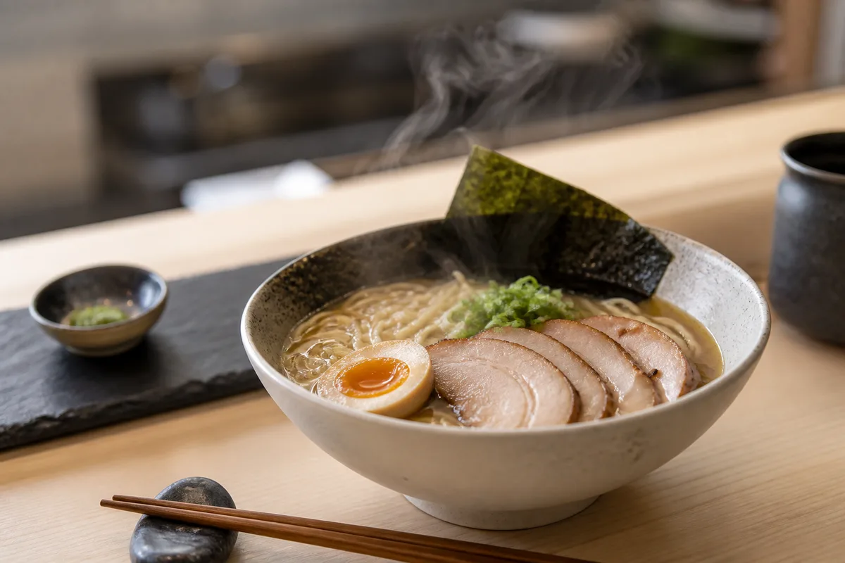 Bol de ramen fumant avec nouilles, œuf mariné et lamelles de porc