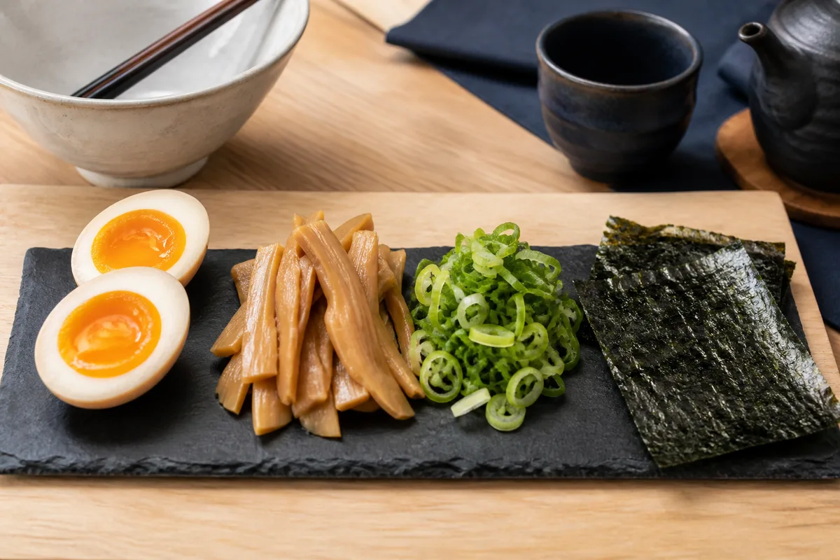 Garnitures de ramen posées côte à côte : œuf coupé, pousses de bambou, ciboule et nori